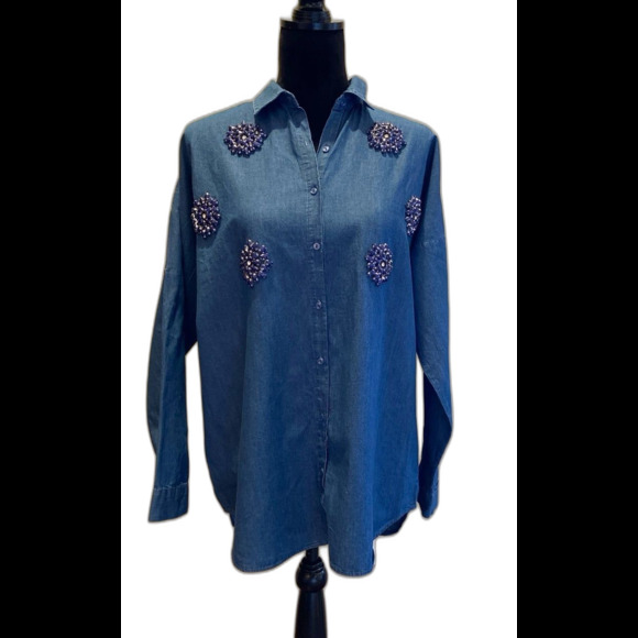 Saloon Button Down Blouse Sz Large Light Denim Cotton Studded Rhinestone Design - Picture 1 of 12